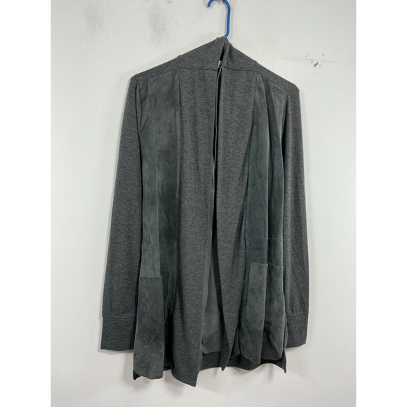 Womans Ecru Long Sleeve Open Front Cardigan Sweater Small Gray Faux Suede - Picture 1 of 9